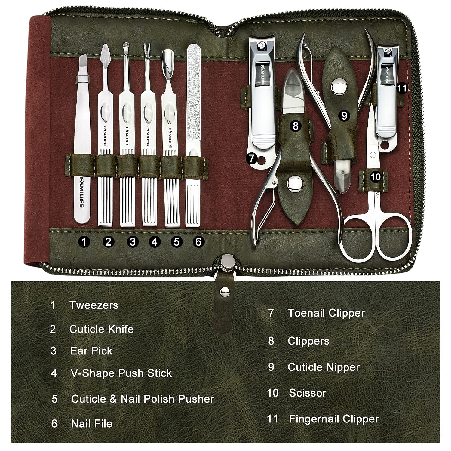 FAMILIFE Manicure Set, L23 11 in 1 Stainless Steel Mens Manicure Kit Leather Pedicure Tools Kit Grooming Kit with Travel Case Box Gift For Father